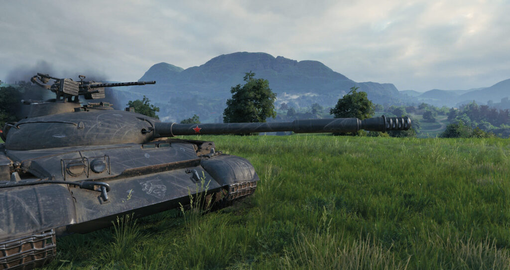 Char Object140 du jeu World of Tanks se tenant dans une plaine