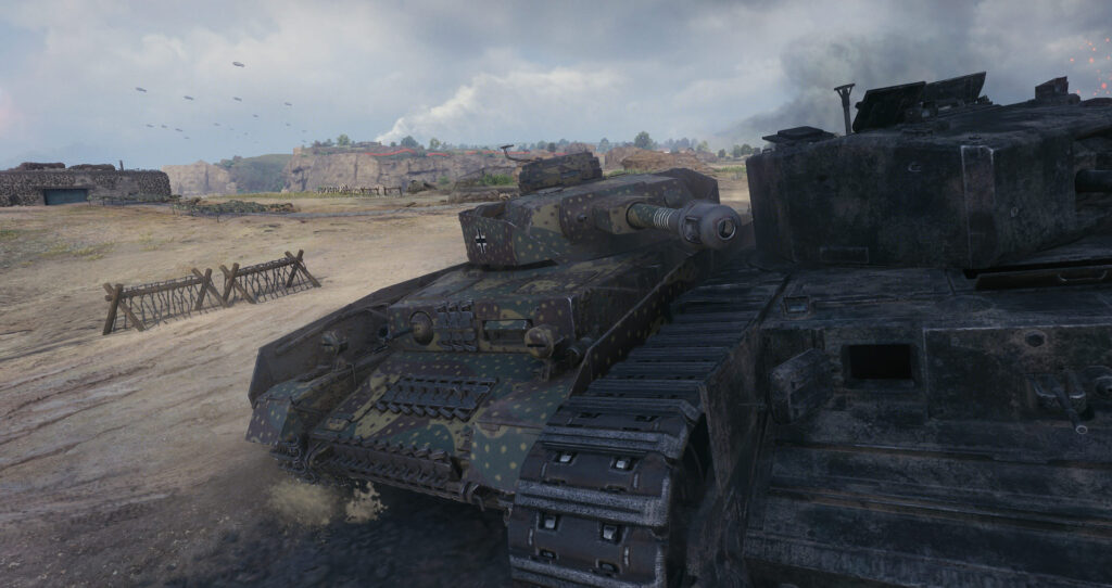 Char Panzer IV H à couvert derrière un Churchil III dans le jeu World of Tanks