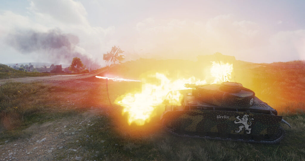 Char Panzer IV H qui tire un obus sur un char ennemi sur le jeu World of Tanks