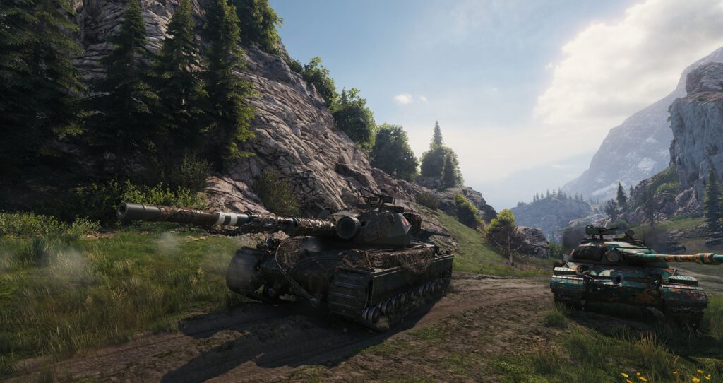 Char lourd britannique Super Conqueror avançant dans des marais dans le jeu World of Tanks