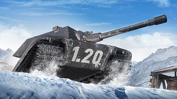 Char lourd allemand E100 dans un paysage de neige avec un chiffre marqué sur lui sur le jeu World of Tanks